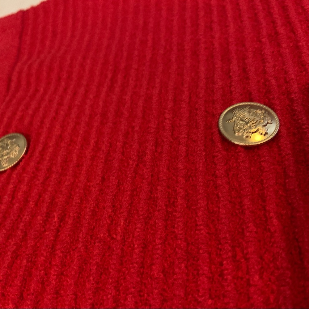 NWT J. Crew Red Faux Wrap Stretch Sweater Gold Buttons Skirt Frayed Hem XL - Picture 7 of 11